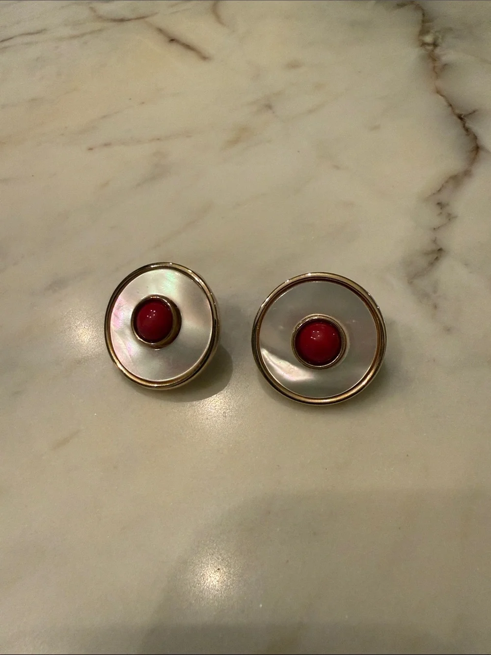 Gold-Tone Mother-of-Pearl Earrings with Red Center Vintage